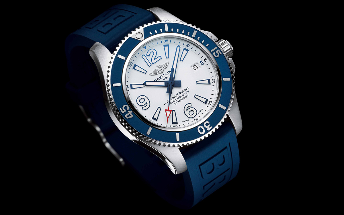 Superocean 42 with white dial and blue Diver Pro III rubber strap fx