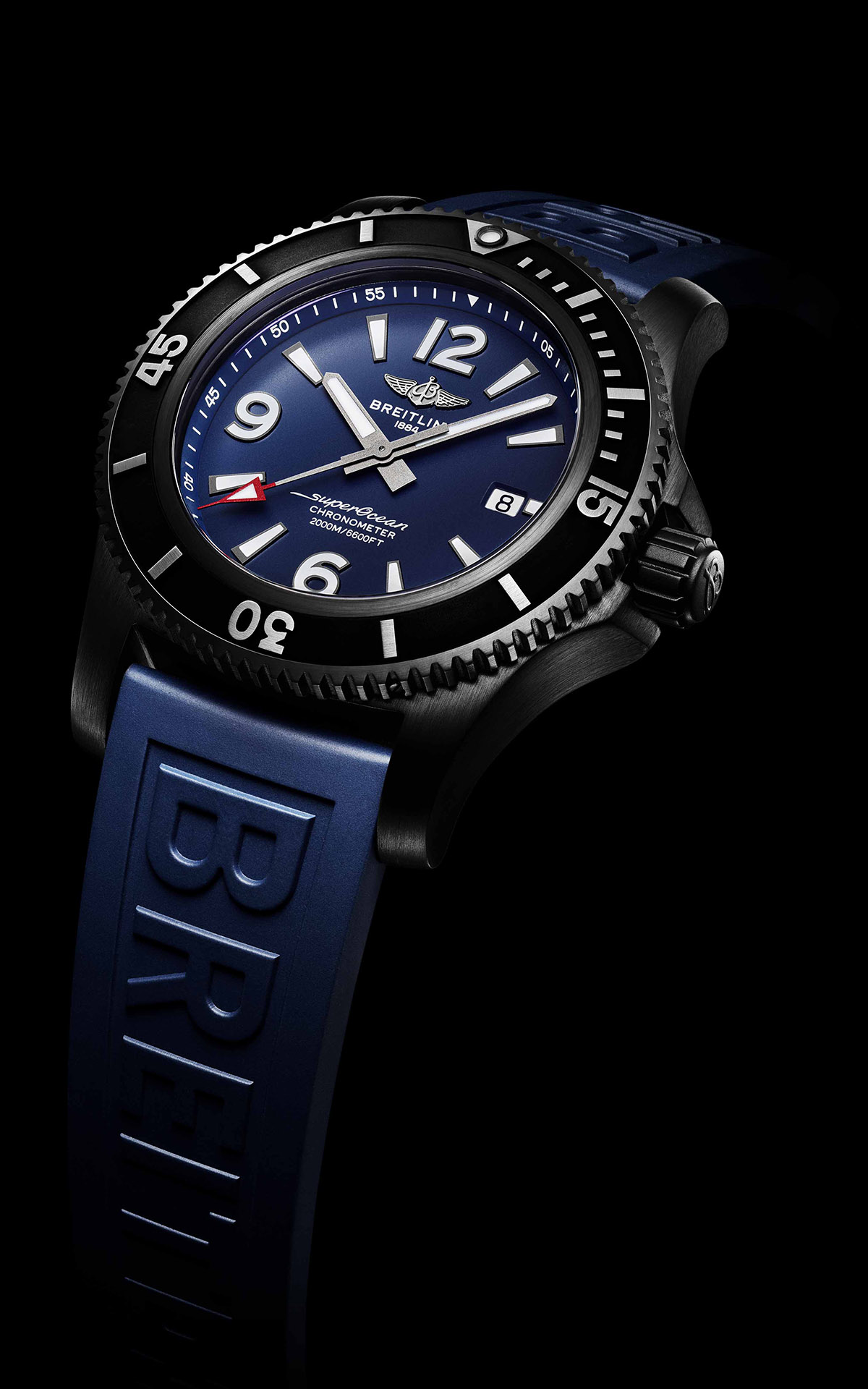 Superocean 46 in black steel with blue dial and blue Diver Pro III rubber strap fx