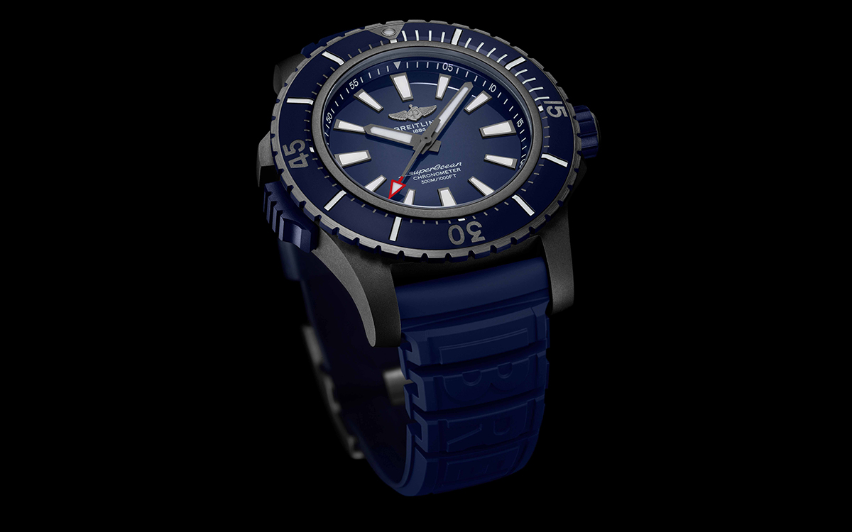 Superocean 48 in black titanium with blue dial and blue vented rubber strap fx